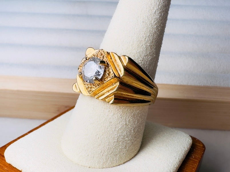 Vintage 14kt Gold Signet Ring, Cubic Zirconia, Chunky Menswear Style (US Size 9.5)