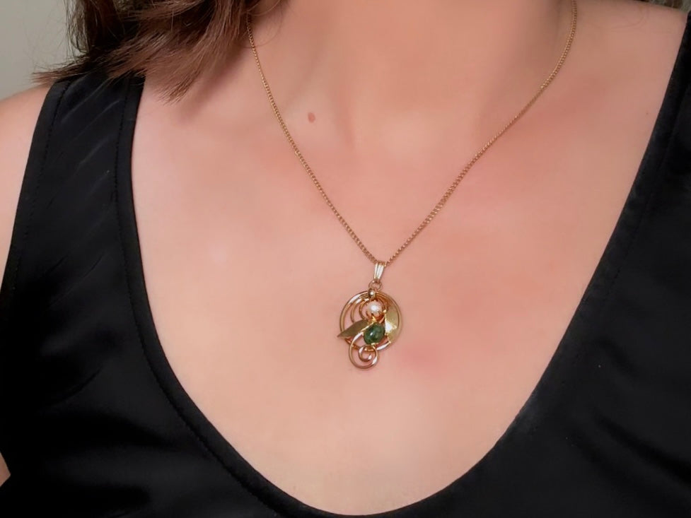 Vintage 1975 Necklace, Green Jade and Pearl Pendant Necklace, Vintage Sarah Coventry Prong Set Double Stone Necklace, Ornate Gold Leaves modeled