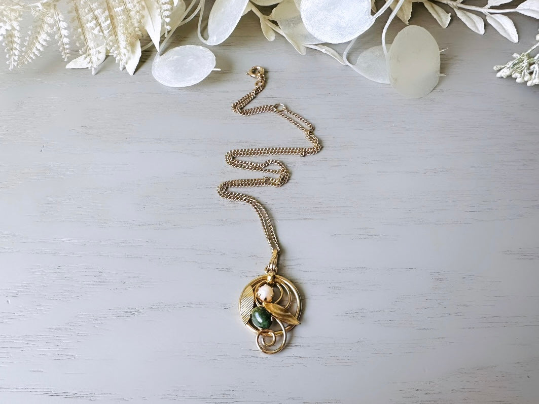 Vintage 1975 Necklace, Green Jade and Pearl Pendant Necklace, Vintage Sarah Coventry Prong Set Double Stone Necklace, Ornate Gold Leaves top view
