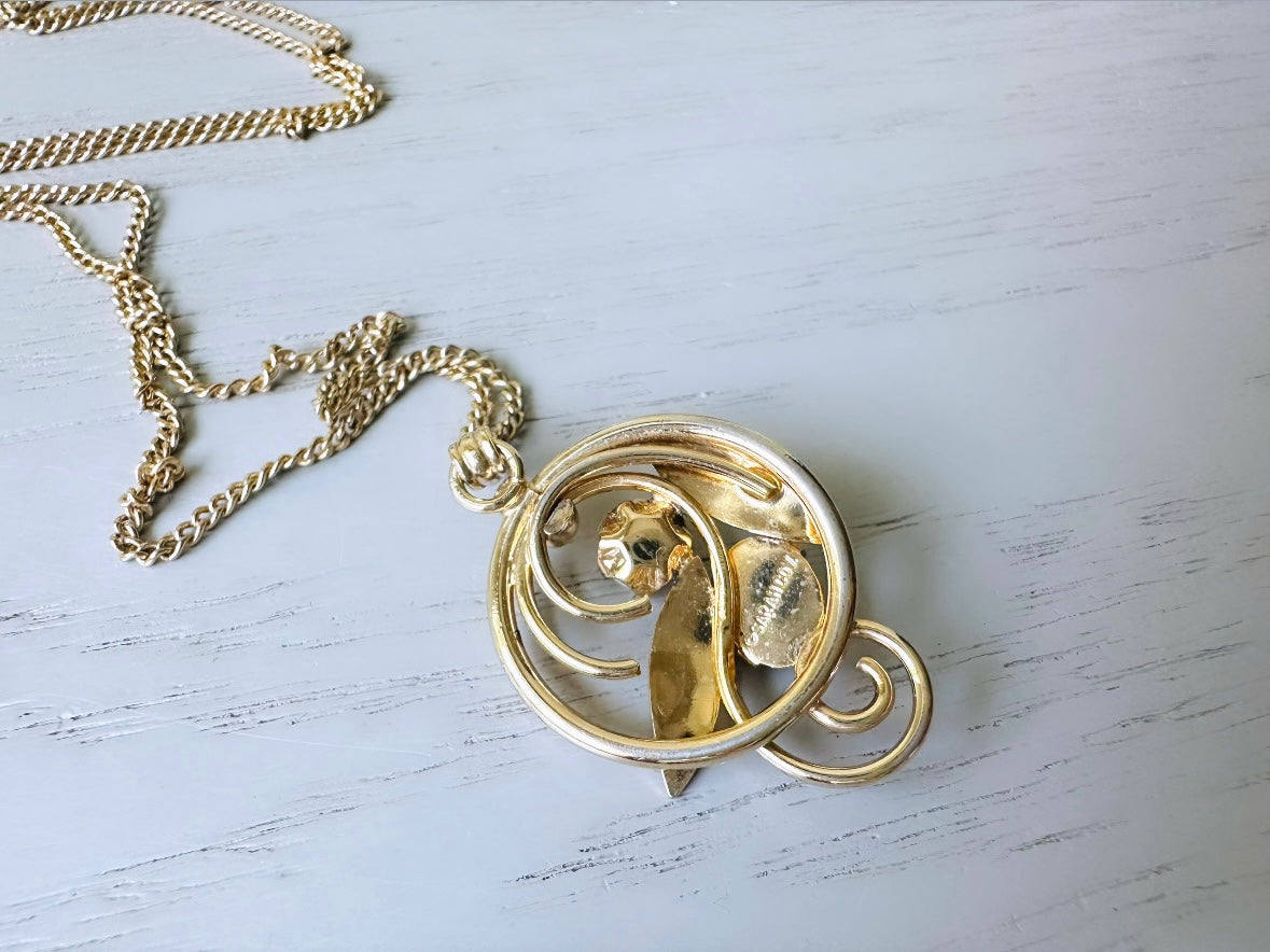 Vintage 1975 Necklace, Green Jade and Pearl Pendant Necklace, Vintage Sarah Coventry Prong Set Double Stone Necklace, Ornate Gold Leaves signed back