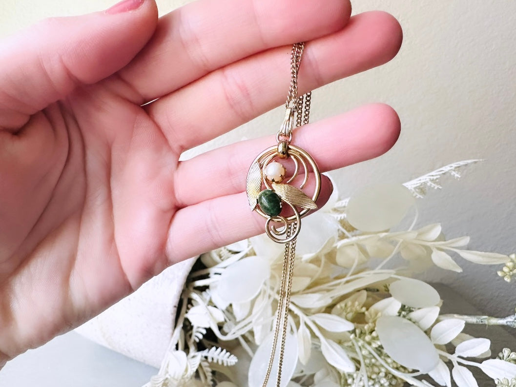 Vintage 1975 Necklace, Green Jade and Pearl Pendant Necklace, Vintage Sarah Coventry Prong Set Double Stone Necklace, Ornate Gold Leaves held in hand