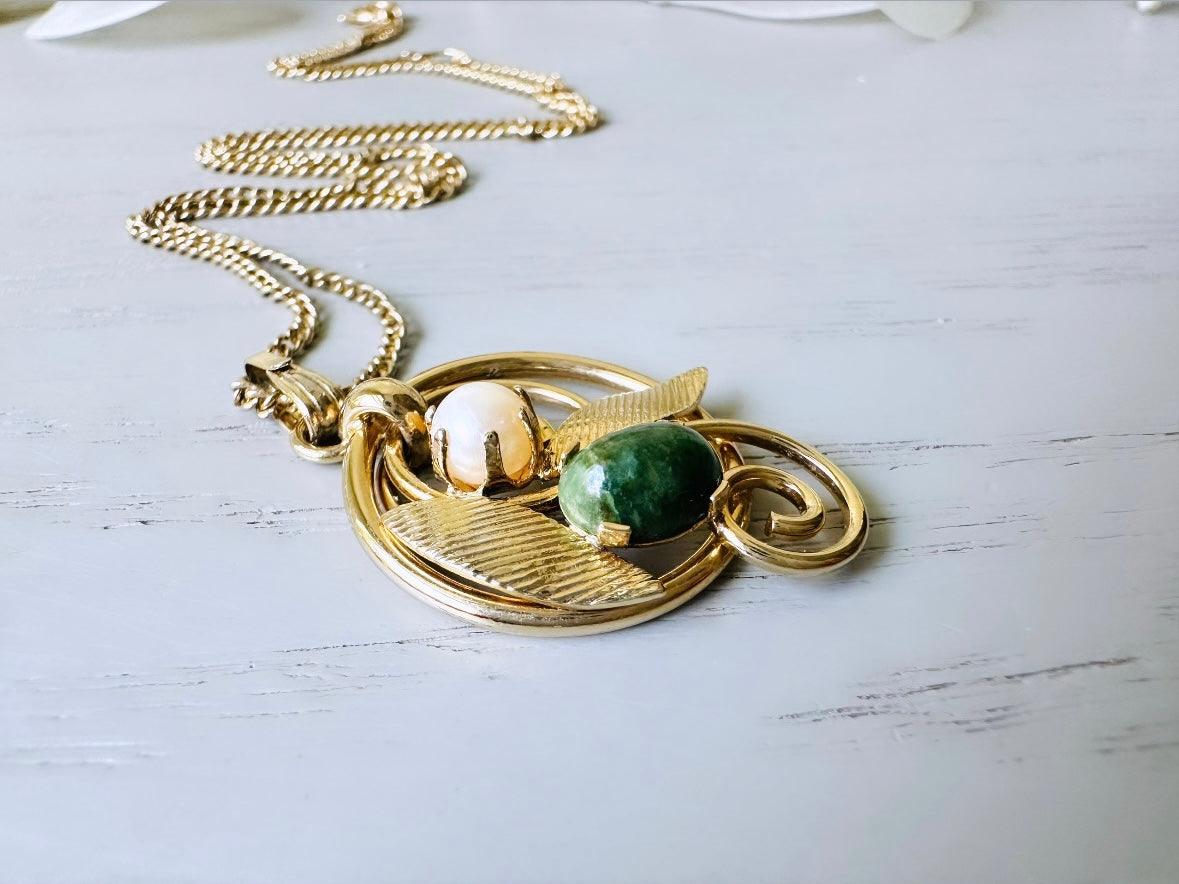 Vintage 1975 Necklace, Green Jade and Pearl Pendant Necklace, Vintage Sarah Coventry Prong Set Double Stone Necklace, Ornate Gold Leaves close up view
