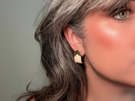 Vintage 1980s Post Earrings, Cream Enamel Gold Chevron, Shield Pierced Earrings, Cool Vintage Earrings modeled by Bethan JAyne