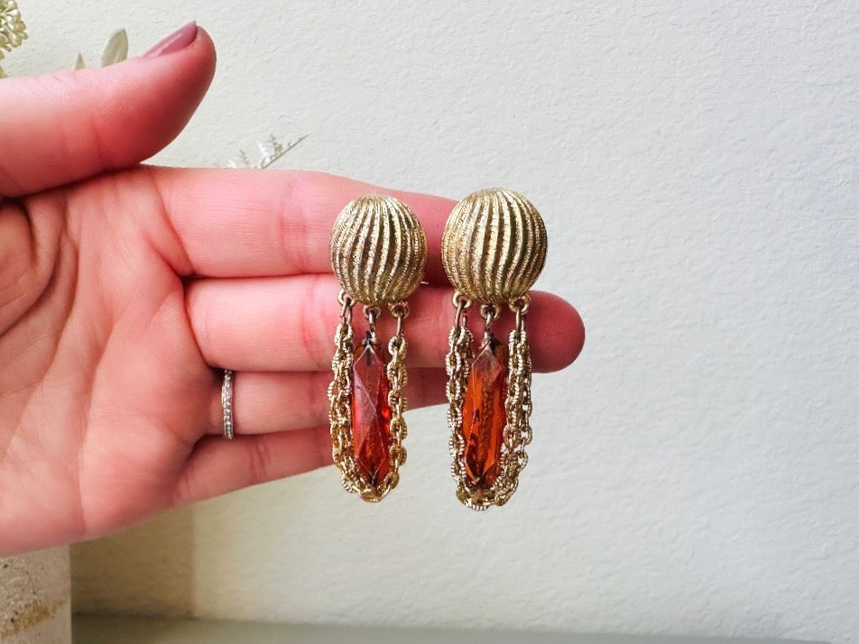 Vintage 60s Earrings, Dangle Tassel Earrings with Faceted Amber Drop, Textured Gold Clip On Earrings, Swinging 1960s Mod Earrings