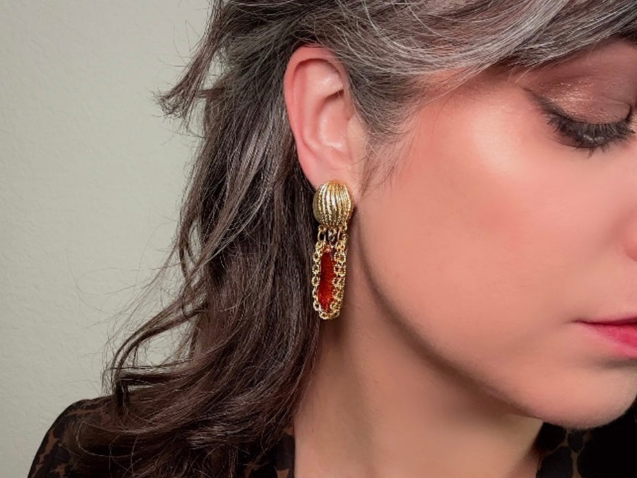 Vintage 60s Earrings, Dangle Tassel Earrings with Faceted Amber Drop, Textured Gold Clip On Earrings, Swinging 1960s Mod Earrings  modelled