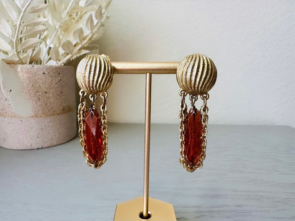 Vintage 60s Earrings, Dangle Tassel Earrings with Faceted Amber Drop, Textured Gold Clip On Earrings, Swinging 1960s Mod Earrings 2