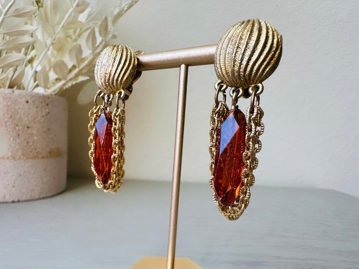 Vintage 60s Earrings, Dangle Tassel Earrings with Faceted Amber Drop, Textured Gold Clip On Earrings, Swinging 1960s Mod Earrings 3