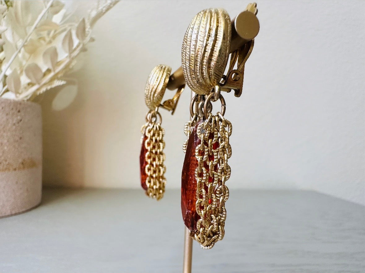 Vintage 60s Earrings, Dangle Tassel Earrings with Faceted Amber Drop, Textured Gold Clip On Earrings, Swinging 1960s Mod Earrings side