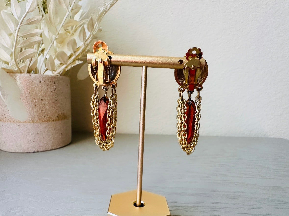 Vintage 60s Earrings, Dangle Tassel Earrings with Faceted Amber Drop, Textured Gold Clip On Earrings, Swinging 1960s Mod Earrings 5