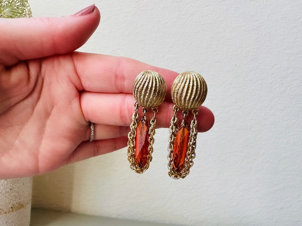 Vintage 60s Earrings, Dangle Tassel Earrings with Faceted Amber Drop, Textured Gold Clip On Earrings, Swinging 1960s Mod Earrings8