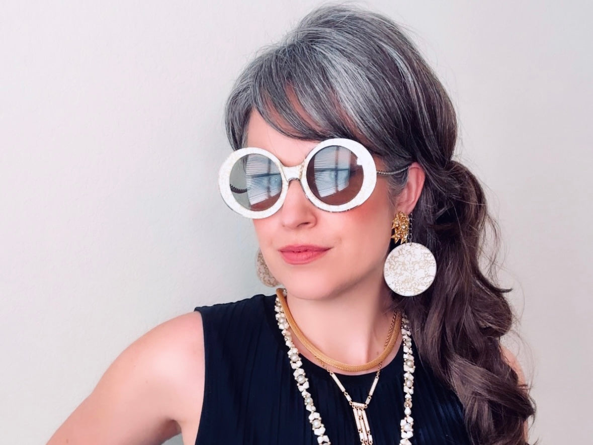 Vintage 70s Je-Dol Sunglasses, Amazing Cream and Gold Swinging 60s Mod Chain Sunglasses from Piggle and Pop Modelled by Bethan Jayne