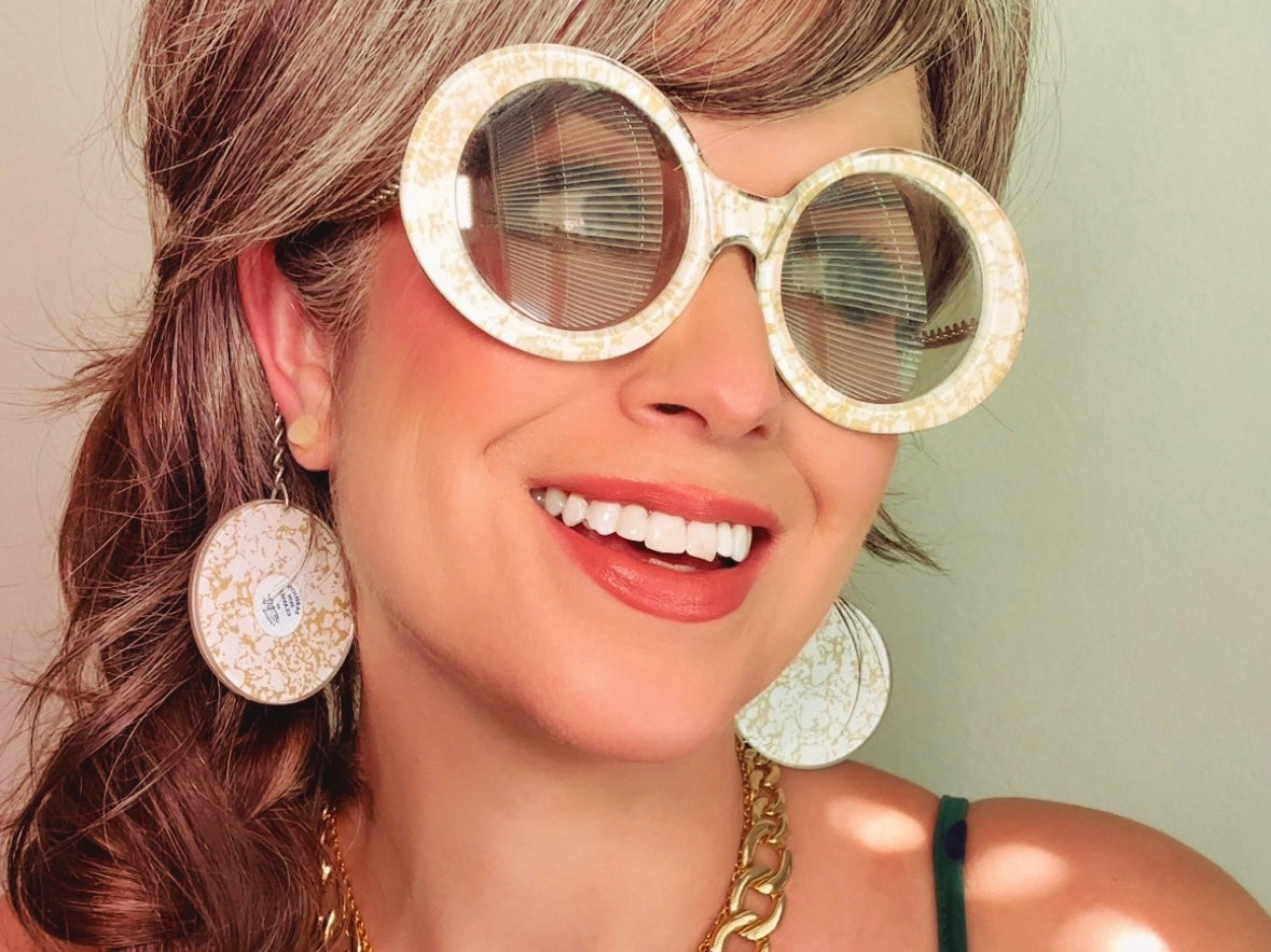 Vintage 70s Je-Dol Sunglasses, Amazing Cream and Gold Swinging 60s Mod Chain Sunglasses from Piggle and Pop modelled by Bethan Jayne