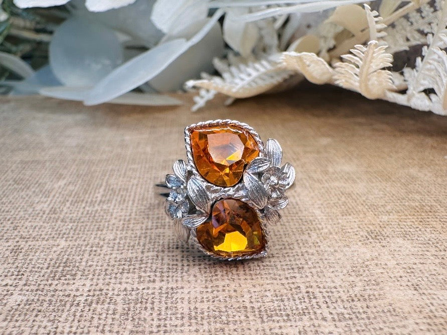 Vintage 70s Ring, 1973 November Birthstone Topaz Cocktail Ring, Double Heart Love Story Ring, Vintage Sarah Coventry