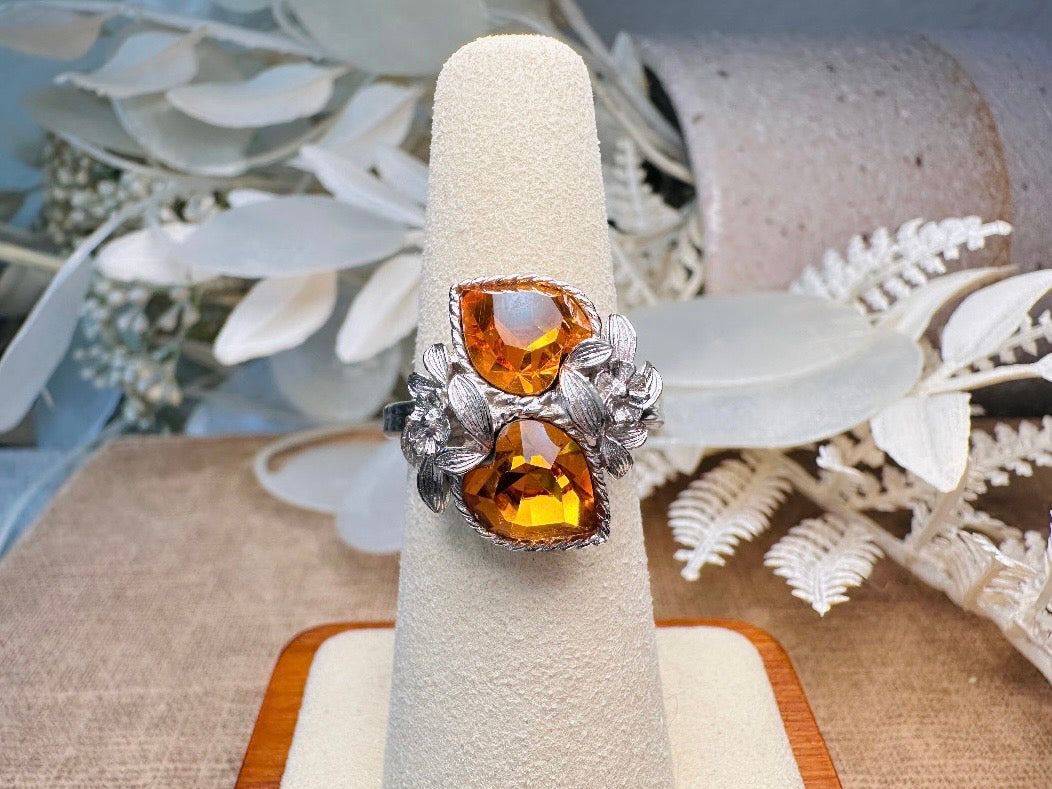 Vintage 70s Ring, 1973 November Birthstone Topaz Cocktail Ring, Double Heart Love Story Ring, Vintage Sarah Coventry