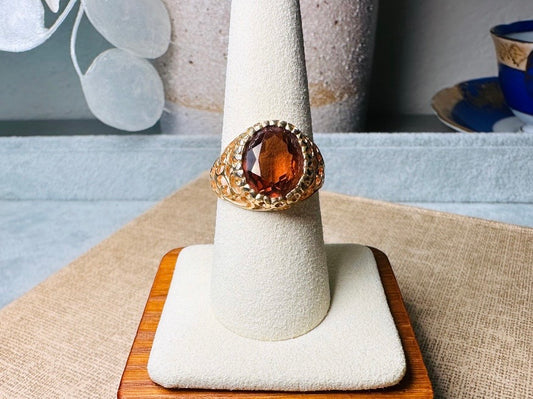 Vintage Amber Cocktail Ring, Faceted Round Topaz Ring with Gold Lace Filigree Accents, Old Money Aesthetic Ornate Lattice Band, Size 8.75