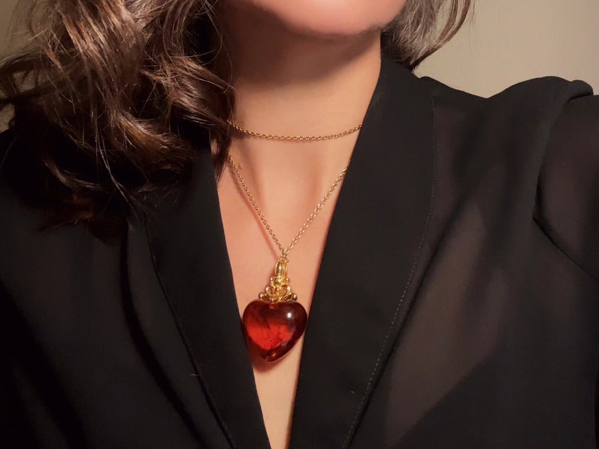 Vintage Amber Heart Necklace, Long Gold Chain Necklace with Glowing Tortoiseshell Lucite Puffy Heart Pendant with Regal Scrolled Accents