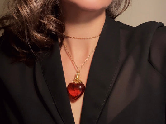 Vintage Amber Heart Necklace, Long Gold Chain Necklace with Glowing Tortoiseshell Lucite Puffy Heart Pendant with Regal Scrolled Accents