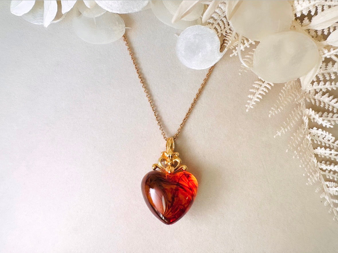 Vintage Amber Heart Necklace, Long Gold Chain Necklace with Glowing Tortoiseshell Lucite Puffy Heart Pendant with Regal Scrolled Accents