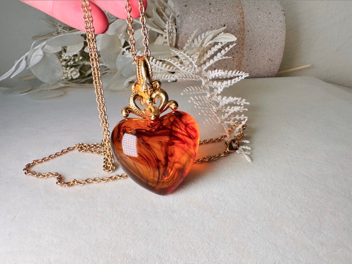 Vintage Amber Heart Necklace, Long Gold Chain Necklace with Glowing Tortoiseshell Lucite Puffy Heart Pendant with Regal Scrolled Accents