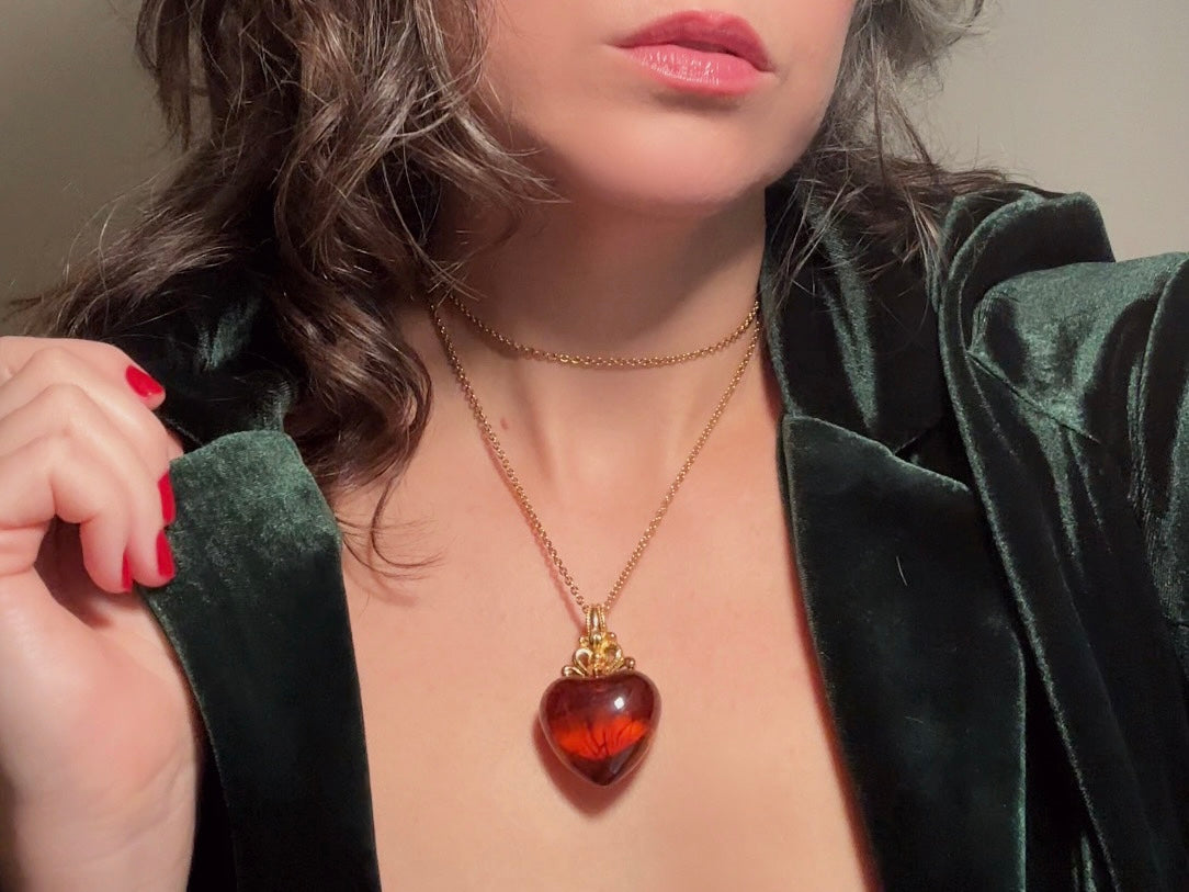 Vintage Amber Heart Necklace, Long Gold Chain Necklace with Glowing Tortoiseshell Lucite Puffy Heart Pendant with Regal Scrolled Accents