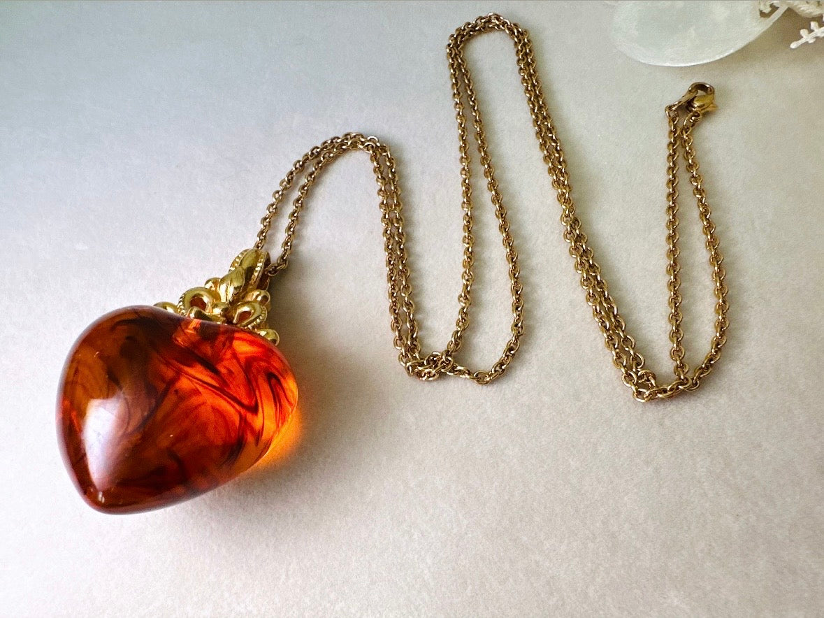 Vintage Amber Heart Necklace, Long Gold Chain Necklace with Glowing Tortoiseshell Lucite Puffy Heart Pendant with Regal Scrolled Accents