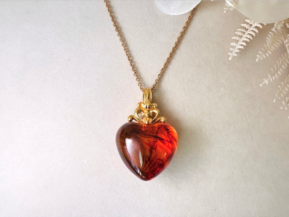 Vintage Amber Heart Necklace, Long Gold Chain Necklace with Glowing Tortoiseshell Lucite Puffy Heart Pendant with Regal Scrolled Accents