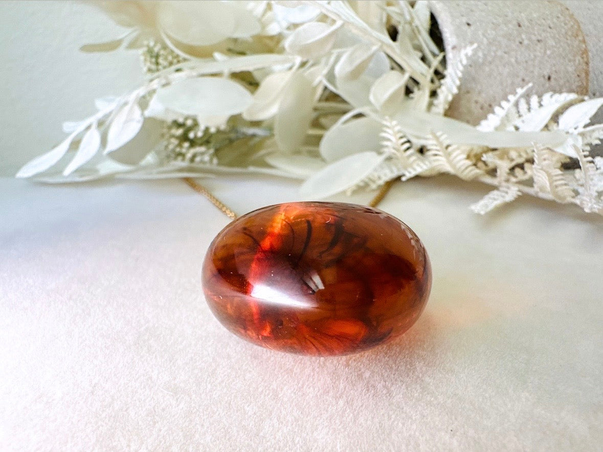 Vintage Amber Heart Necklace, Long Gold Chain Necklace with Glowing Tortoiseshell Lucite Puffy Heart Pendant with Regal Scrolled Accents