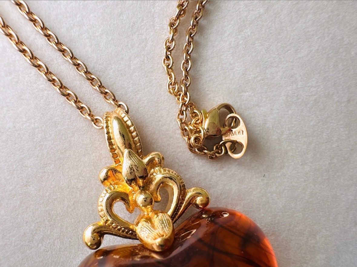 Vintage Amber Heart Necklace, Long Gold Chain Necklace with Glowing Tortoiseshell Lucite Puffy Heart Pendant with Regal Scrolled Accents
