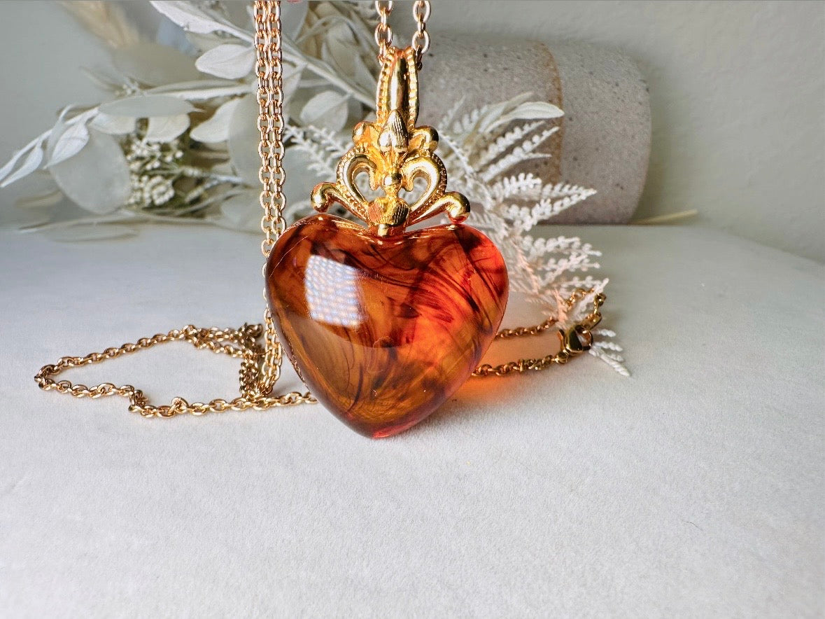 Vintage Amber Heart Necklace, Long Gold Chain Necklace with Glowing Tortoiseshell Lucite Puffy Heart Pendant with Regal Scrolled Accents