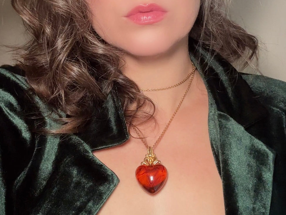 Vintage Amber Heart Necklace, Long Gold Chain Necklace with Glowing Tortoiseshell Lucite Puffy Heart Pendant with Regal Scrolled Accents