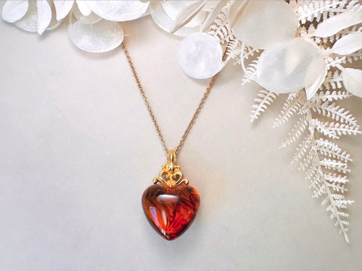 Vintage Amber Heart Necklace, Long Gold Chain Necklace with Glowing Tortoiseshell Lucite Puffy Heart Pendant with Regal Scrolled Accents