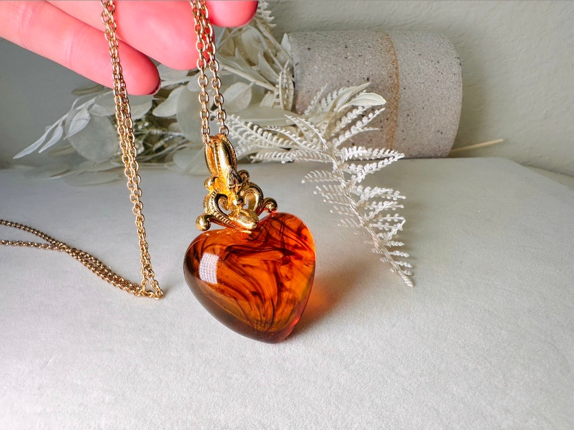 Vintage Amber Heart Necklace, Long Gold Chain Necklace with Glowing Tortoiseshell Lucite Puffy Heart Pendant with Regal Scrolled Accents