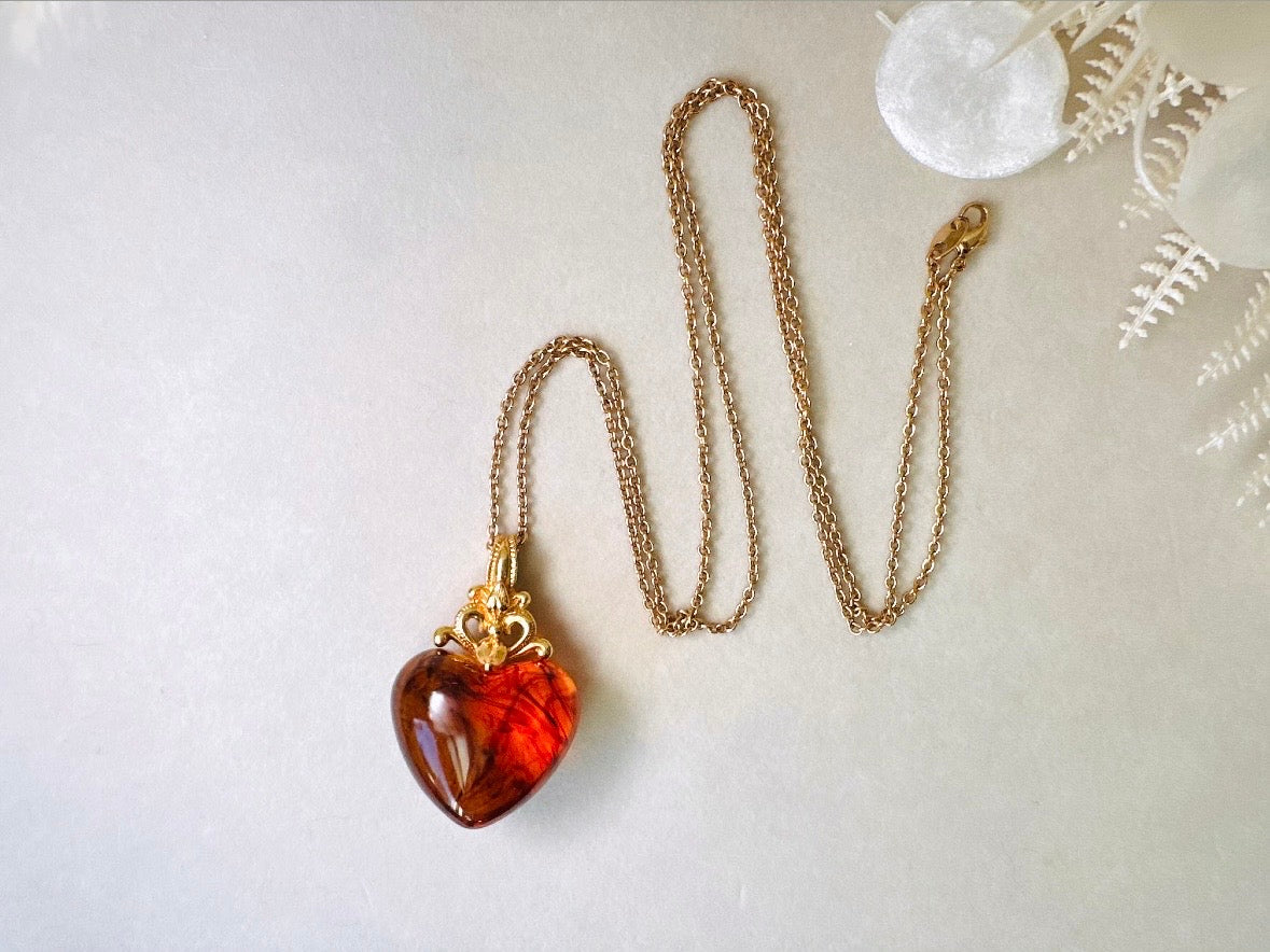 Vintage Amber Heart Necklace, Long Gold Chain Necklace with Glowing Tortoiseshell Lucite Puffy Heart Pendant with Regal Scrolled Accents
