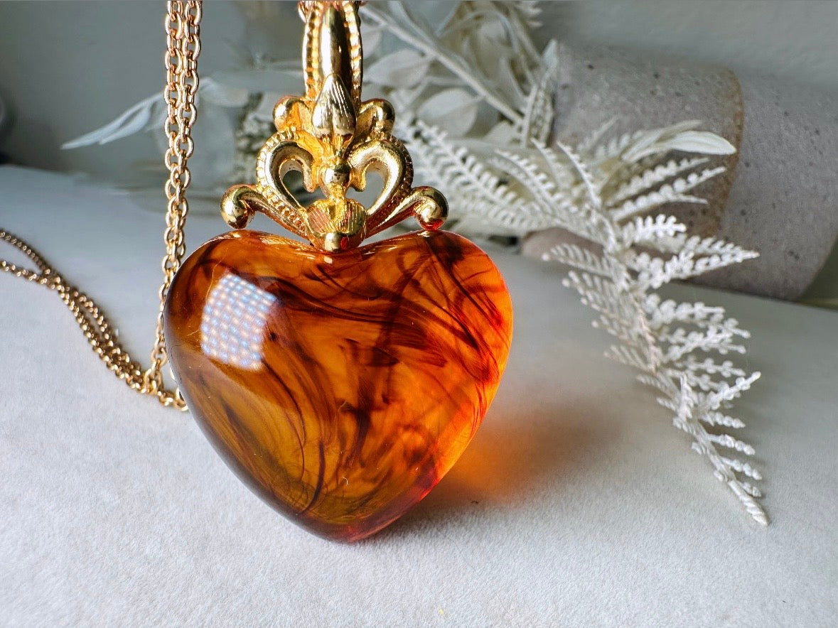 Vintage Amber Heart Necklace, Long Gold Chain Necklace with Glowing Tortoiseshell Lucite Puffy Heart Pendant with Regal Scrolled Accents