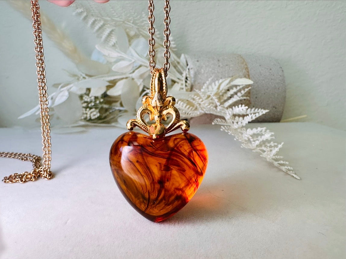 Vintage Amber Heart Necklace, Long Gold Chain Necklace with Glowing Tortoiseshell Lucite Puffy Heart Pendant with Regal Scrolled Accents