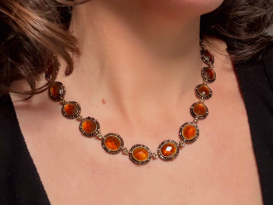 Vintage Amber Necklace with Beaded Bronze Border, Liz Claiborne 80s Designer Vintage Jewelry