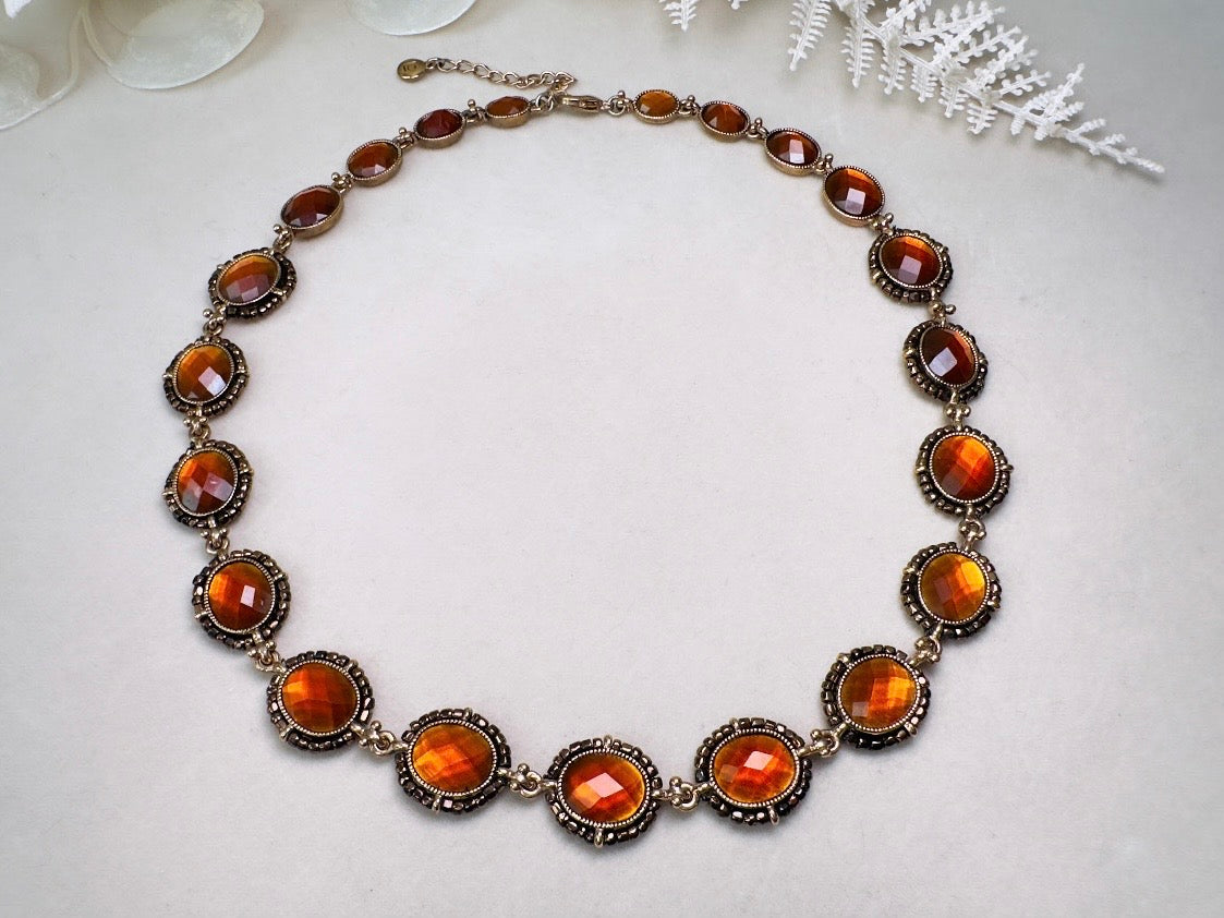 Vintage Amber Necklace with Beaded Bronze Border, Liz Claiborne 80s Designer Vintage Jewelry