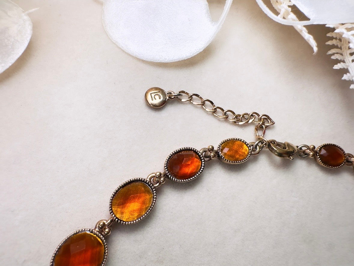 Vintage Amber Necklace with Beaded Bronze Border, Liz Claiborne 80s Designer Vintage Jewelry