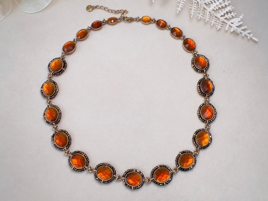 Vintage Amber Necklace with Beaded Bronze Border, Liz Claiborne 80s Designer Vintage Jewelry