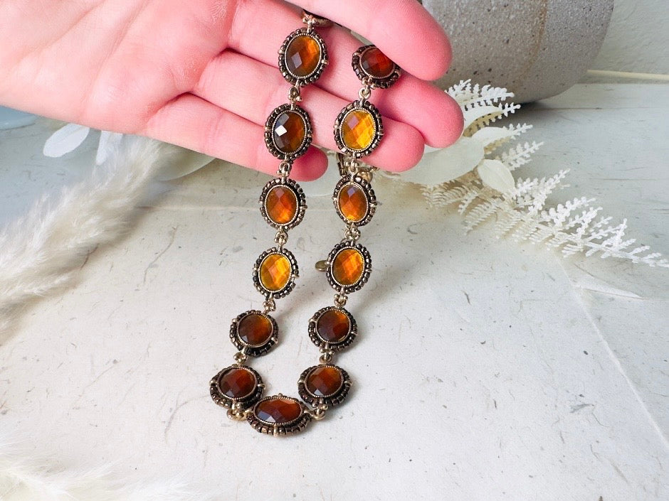 Vintage Amber Necklace with Beaded Bronze Border, Liz Claiborne 80s Designer Vintage Jewelry