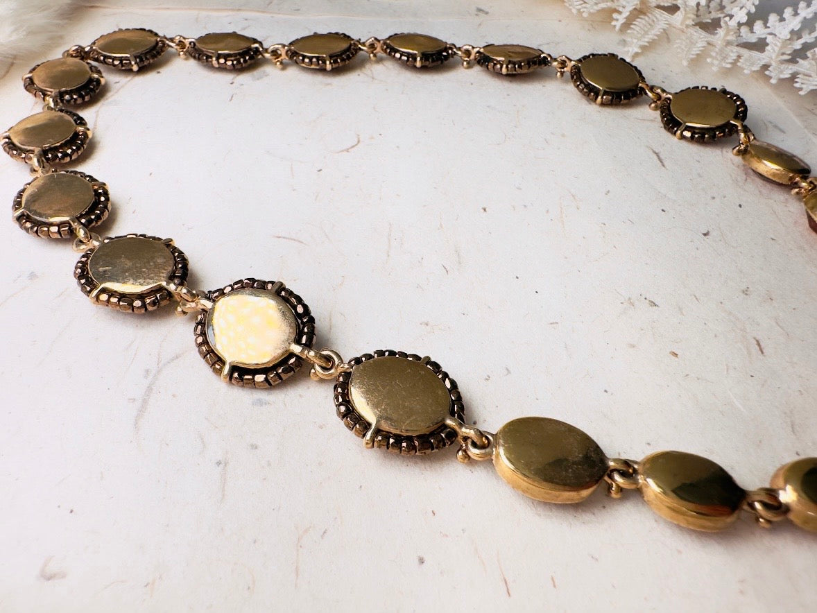 Vintage Amber Necklace with Beaded Bronze Border, Liz Claiborne 80s Designer Vintage Jewelry