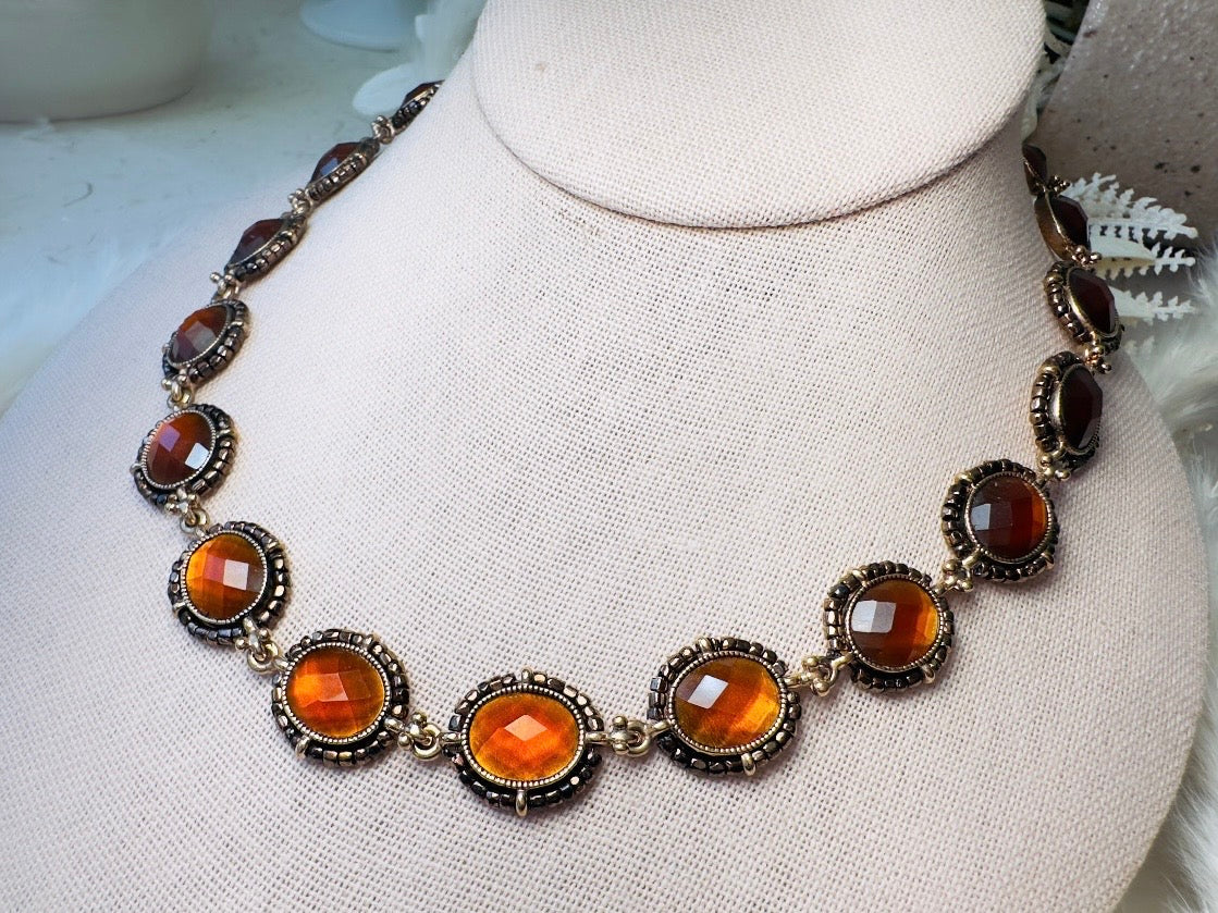 Vintage Amber Necklace with Beaded Bronze Border, Liz Claiborne 80s Designer Vintage Jewelry