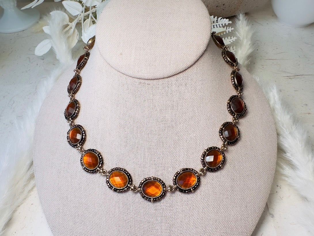 Vintage Amber Necklace with Beaded Bronze Border, Liz Claiborne 80s Designer Vintage Jewelry