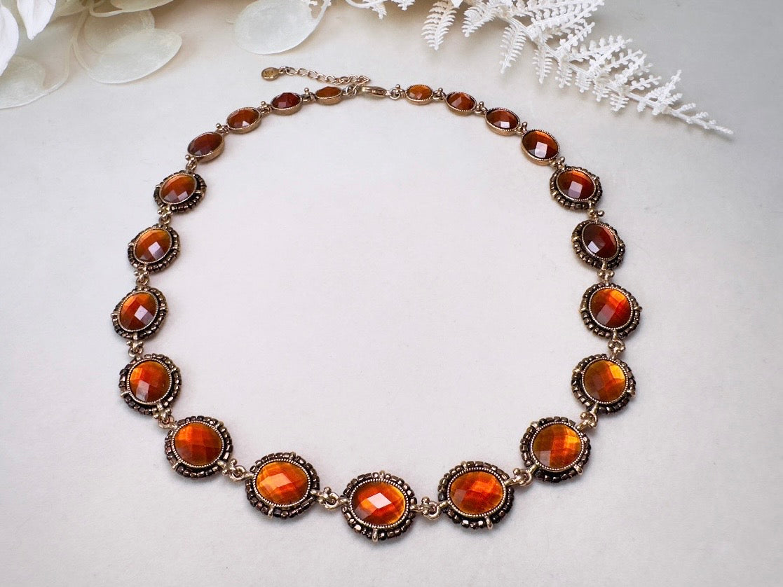 Vintage Amber Necklace with Beaded Bronze Border, Liz Claiborne 80s Designer Vintage Jewelry