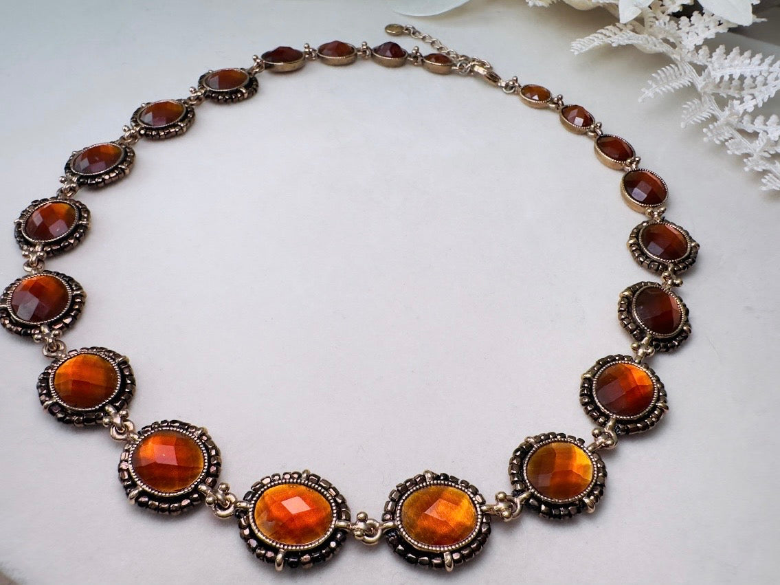 Vintage Amber Necklace with Beaded Bronze Border, Liz Claiborne 80s Designer Vintage Jewelry