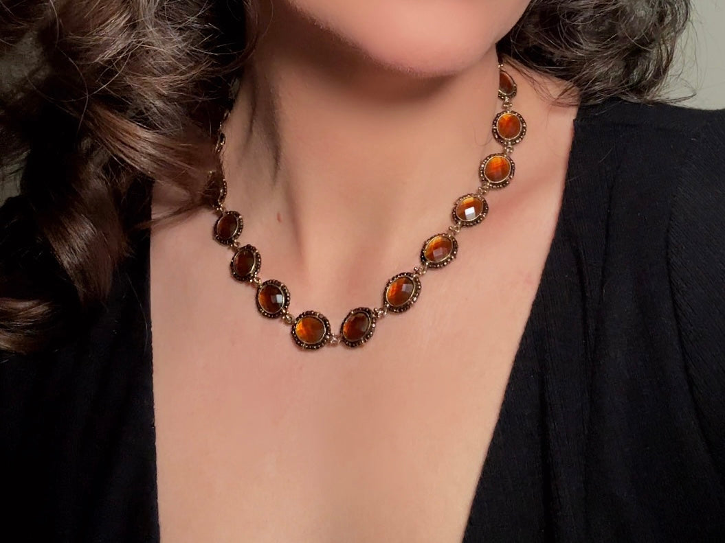 Vintage Amber Necklace with Beaded Bronze Border, Liz Claiborne 80s Designer Vintage Jewelry