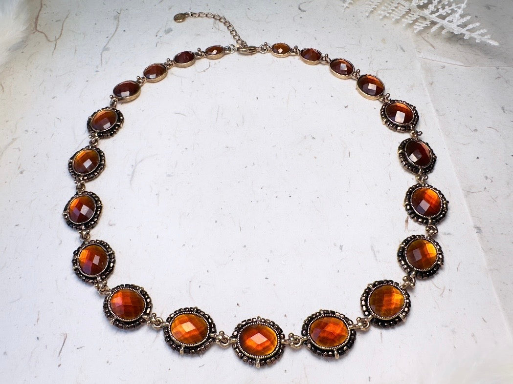 Vintage Amber Necklace with Beaded Bronze Border, Liz Claiborne 80s Designer Vintage Jewelry
