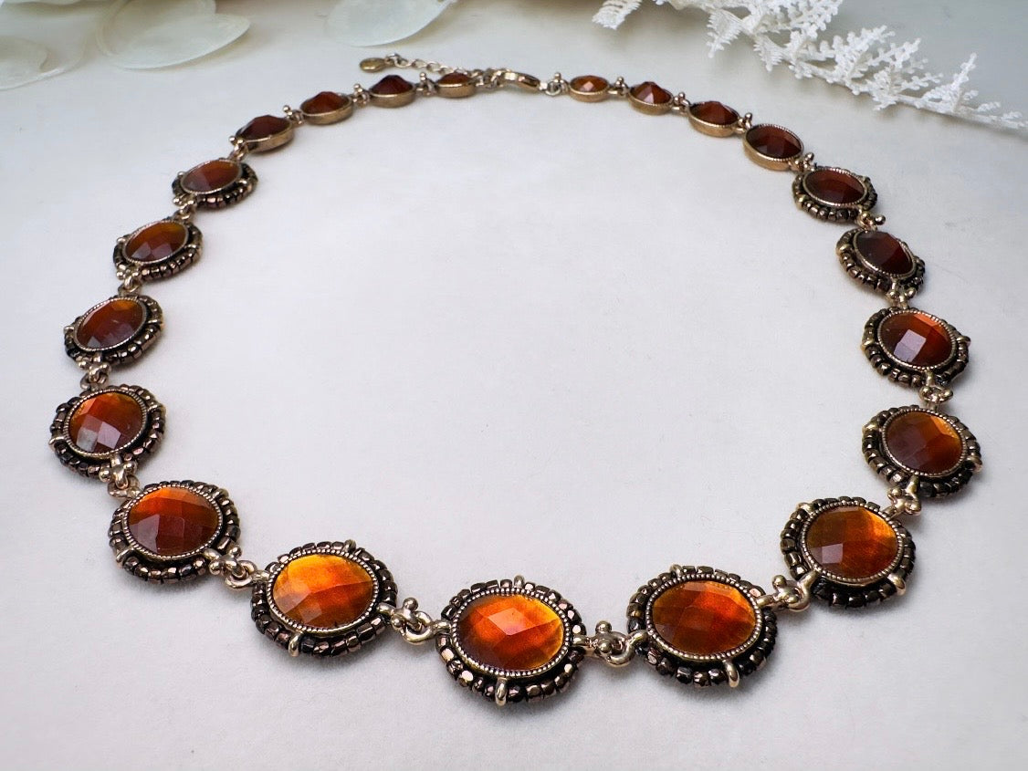 Vintage Amber Necklace with Beaded Bronze Border, Liz Claiborne 80s Designer Vintage Jewelry