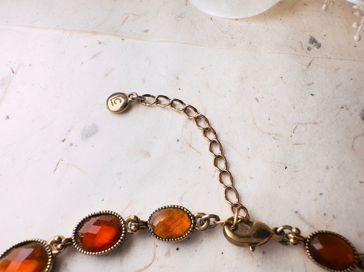 Vintage Amber Necklace with Beaded Bronze Border, Liz Claiborne 80s Designer Vintage Jewelry