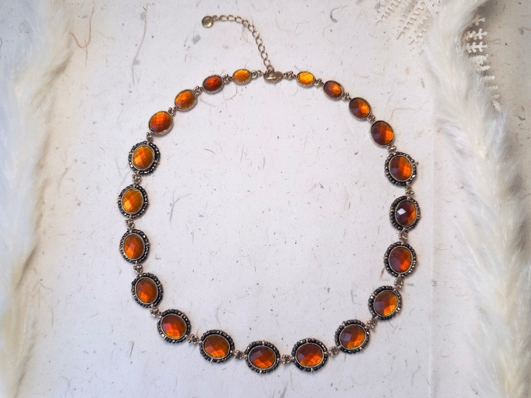 Vintage Amber Necklace with Beaded Bronze Border, Liz Claiborne 80s Designer Vintage Jewelry
